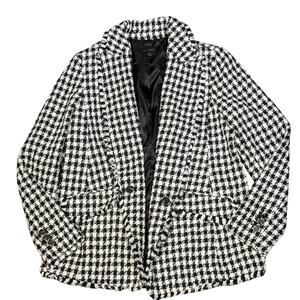 Talbots Blazer Size 6 Black White Houndstooth Tweed Fringe Classic Career